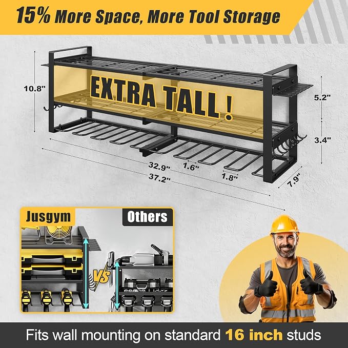Jusgym Power Tool Organizer Wall Mount |350lbs Garage Tool Storage Rack with 6 Cordless Drill Holder |3-Tier 32''W Heavy Duty Garage Organization |Gifts for Men