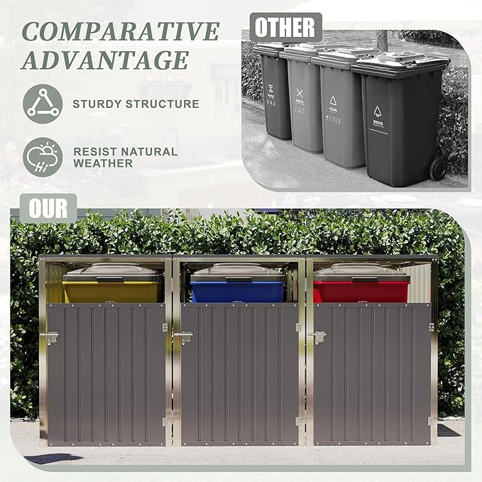 KEIKI 3-Bin Outdoor Trash Can Storage Shed, Metal Garbage Bin Enclosure with Lift-Up Lid & Lockable Double Doors, Weather-Resistant Heavy-Duty Patio Garden Shed, Light Gray