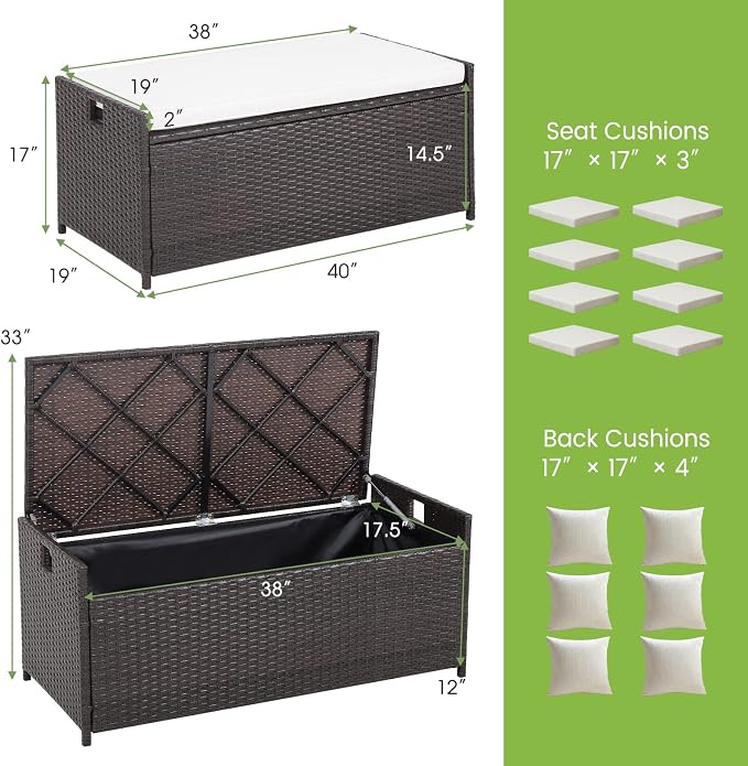 Tangkula 34 Gallon Outdoor Storage Bench with Seat Cushion, Patio Mix Brown Wicker Deck Box with Waterproof Liner and Side Handles, Outdoor Storage Bench for Cushions, Garden Tools, Pool Accessories