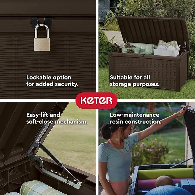 Keter 2-Pack Borneo 110 Gallon Deck Box Organizer, Doubles as 2-Person Bench Seat, Brown – Large Resin Outdoor Storage and Seating with Lockable Lid for Garden, Pool, and Patio