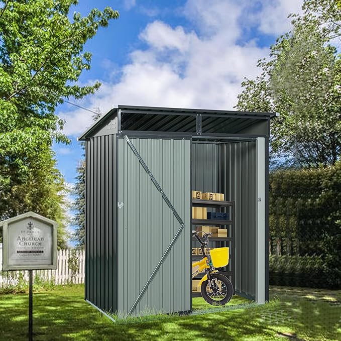 Favfurish 5 x 3 FT Outdoor Storage Shed, Metal Versatile Garden Shed with Lockable Door, Transparent Plate, Air Vents, Waterproof Storage House Tool Shed for Backyard Patio Lawn, Black