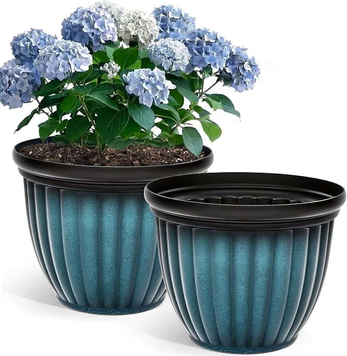 15" Large Flower Pots, Set of 2 Plastic Planters for Outdoor Indoor Plants with 3D Ribbed Textures, Drainage Holes, Weather-Resistant Planters for Porch Garden Patio, Gradient Teal Blue
