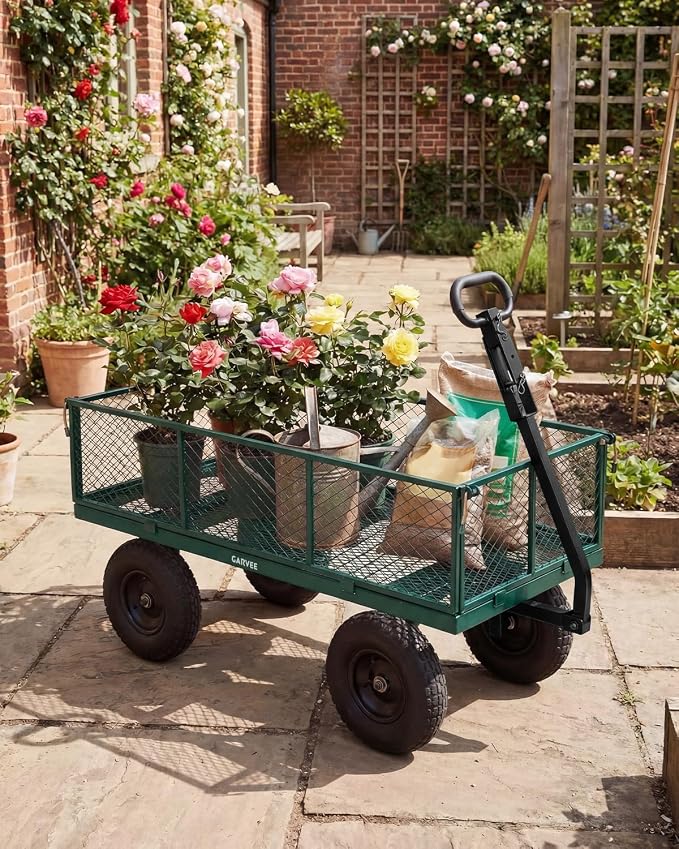 Garvee Versatile Outdoor Utility Cart-1000LBS Heavy-Duty, 13" All-Terrain Pneumatic Tires, Vehicle-Connectable, Easy Maneuverable Lawn Cart with Removable Mesh Panels for Gardening & Landscaping,Green