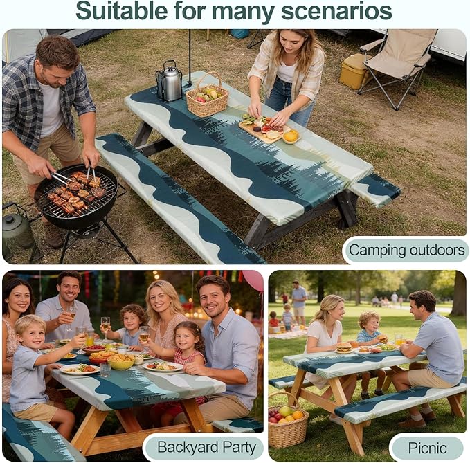 Picnic Table Cover with Bench Covers Camping Essentials Waterproof Windproof Camping Tablecloth with Drawstring Bag, Fitted Rectangle Tables and Seats, 72in, Green Blue