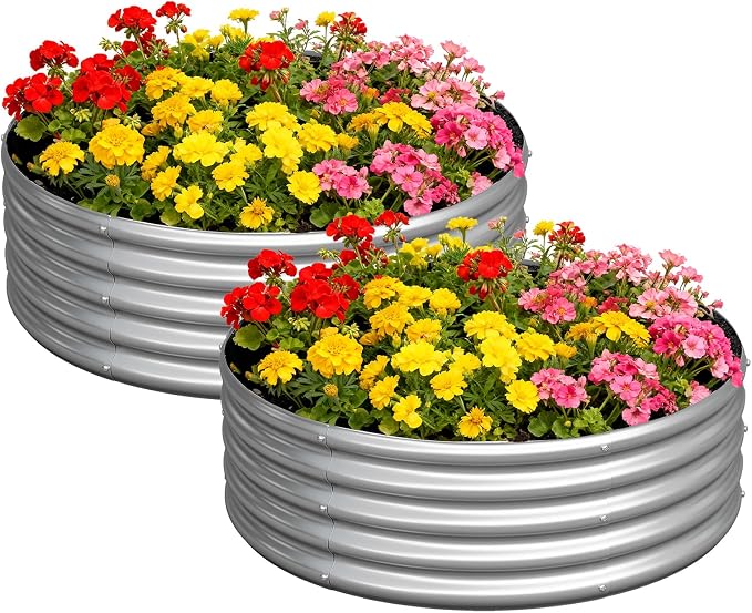 zizin 2 Pack Galvanized Raised Garden Bed Metal Round Raised Garden Beds Outdoor Planter Box for Vegetables (2FT, Silver)