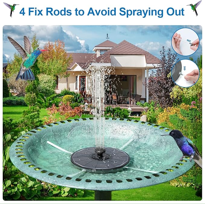 3.5W Solar Fountain with 2000mAh Battery - Work On Cloudy Days - Upgrade Glass Panel Solar Bird Bath Fountain, Hummingbird Water Feature Pump with 7 Nozzles, 4 Fixed Pipes for Garden, Pool