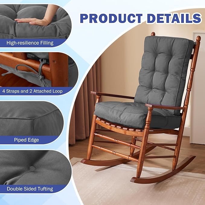 IPYNBAP Rocking Chair Cushion, Waterproof and Fade-Resistant Patio Chair Cushions, Tufted Chair Pads for Rocker Furniture, 17x17 Inch, Indoor/Outdoor Seat Cushions with Ties, Dark Grey