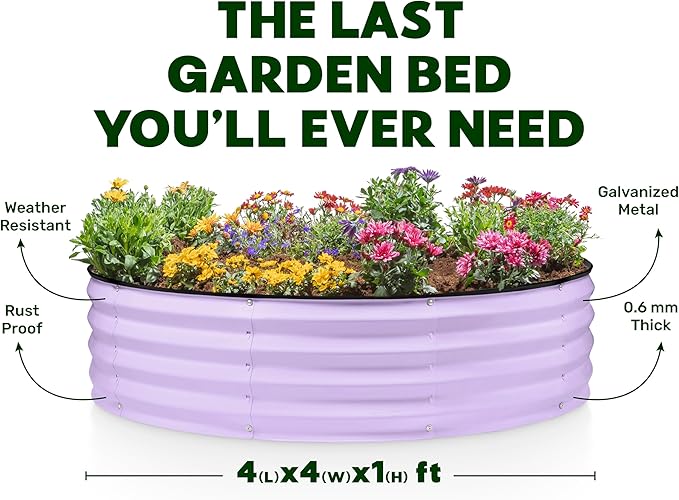 Round Galvanized Raised Garden Bed // 4×4×1 ft (2-Pack) Galvanized Raised Garden Beds Outdoor for Gardening, Vegetables, Flowers (Lavender) // Patented Tool-Free Design Round Planter