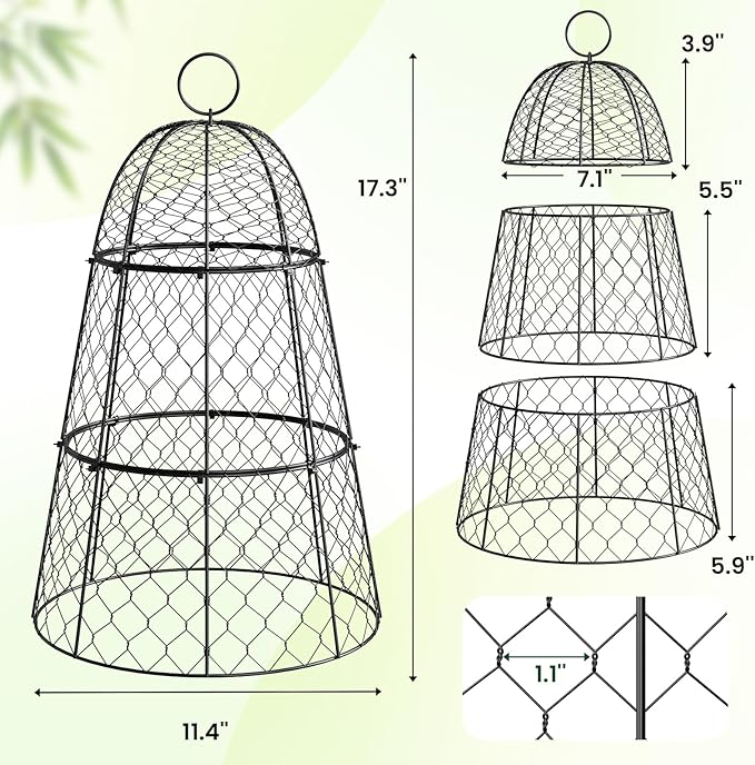 6 Pack Garden Cloche Plant Protectors from Animals, Adjustable 3-Tier Chicken Wire Plant Cages for Outdoor Plants, Stackable Metal Garden Cloches Keep Rabbits, Squirrels & Birds Away, 17.3" x 11.4"
