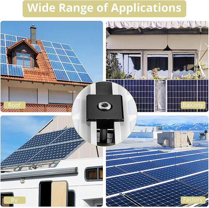 Anbte 10pcs Solar Panels Centre Clamps, Aluminium T-Shaped Mid Clamps 30mm/35mm Solar Panel Mounting Brackets Solar Mounting Rail Connector for Metal Roof, Tin Roof, Flat Roof, Sheet Roof, Black