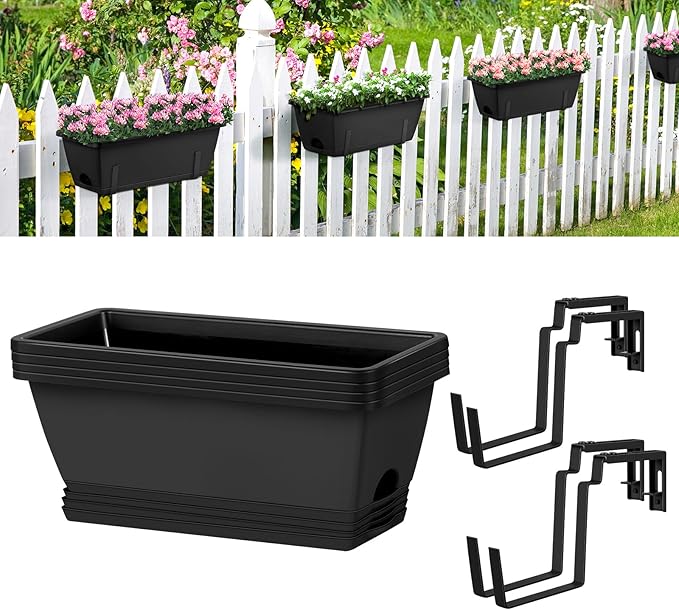 4 Pack Window Boxes Planters 17’’ Railing Planter Box with Adjustable Brackets, Deck Railing Hanging Flower Pots Rectangular Herb Planter for Outdoor Fence Garden, Balcony Decor