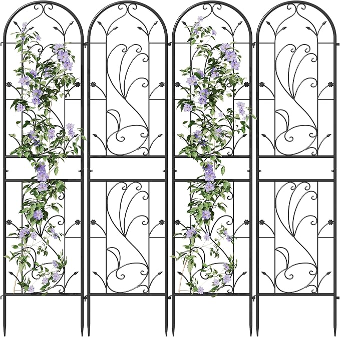 4 Pack 87x20in Garden Trellises, Sunflower Black Metal Coated Rustproof Trellis for Climbing Plants Outdoor, Roses, Vegetables, Vines, Cucumbers