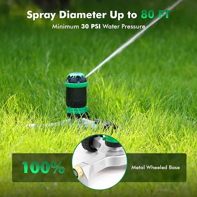 RESTMO Gear Drive Sprinkler with Wheeled Base, 5-Pattern Multi-Adjustable Lawn Sprinklers for Yard, Heavy Duty Watering System for Garden Plant, Flower Bed and Large Area Watering