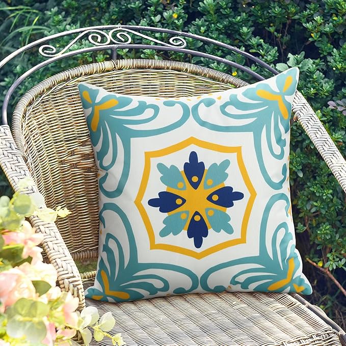 Pyonic Outdoor Waterproof Throw Pillow Covers Set of 4 Floral Printed and Boho Farmhouse Outdoor Pillow Covers for Patio Funiture Garden 18x18 Inch Blue