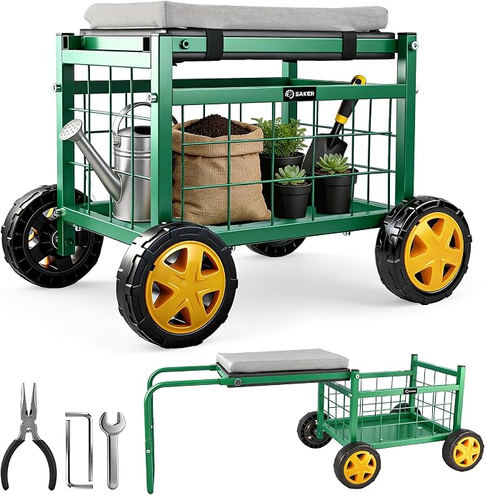 Saker Rolling Work Seat with Wheels - 15.7'' EVA Padded Stool, 400 lb Steel Frame, Large Storage Basket - Patio Lawn Backyard Cart for Gardening Tasks (Basic Version)