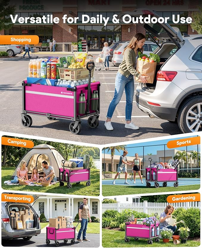 Wagons Carts Foldable, Collapsible Wagon Cart Foldable, 220LBS Heavy Duty Folding Wagon Carts with Wheels, Portable Utility Cart for Grocery Sports Garden Shopping Camping, Pink