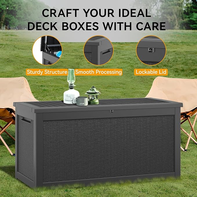 KAMABOKO 300 Gallon Outdoor Storage Box, Resin Deck Boxes Indoor and outdoor, Waterproof Storage Box Lockable Lid for Garden Tools, Package Delivery, Patio Cushions, Black
