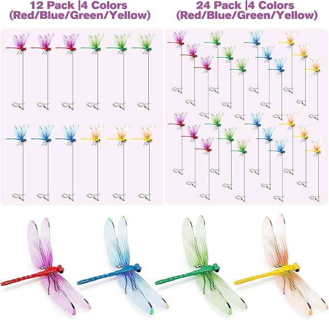 12 Pack Dragonfly Clips, Realistic Fake Dragonfly Hummingbird Garden Stakes, Multipurpose Plastic Yard Ornaments for Outdoor Decor, Patio, Hats, Fly Deterrent for Horses, Deer, Indoor Outdoor Use