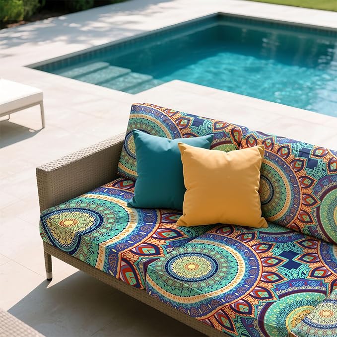 pickyNproud 8Pcs Patio Cushion Covers Stretch Outdoor Couch Cushions Slipcovers Replacement Washable Furniture Protector with Elastic Bottom Sofa Chair Seat Cover, Tangerine Mandala