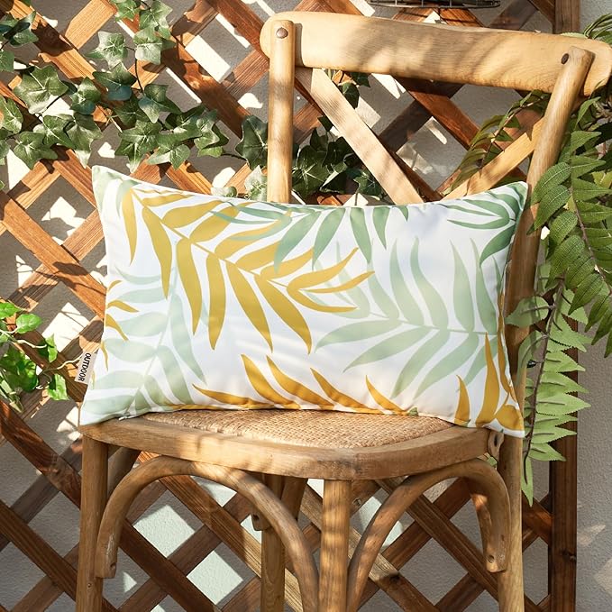 MIULEE Pack of 2 Decorative Outdoor Waterproof Throw Pillow Covers Patio Pillow Cases Natural Leaves Pattern Spring Square Cushion Shams Shell for Garden Balcony Couch 12x20 Inch, Green&Yellow
