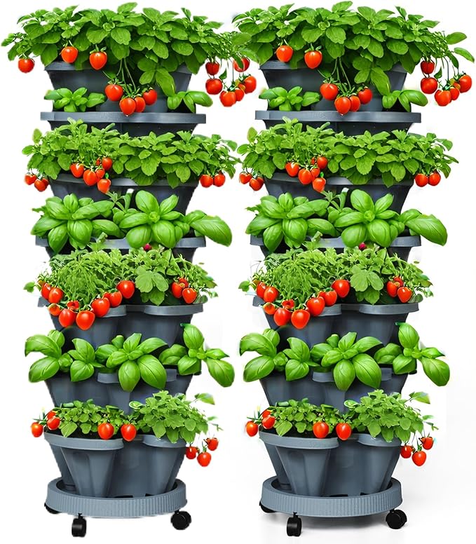 7 Tiered Strawberry Planters 2 Pack, Vertical Stackable Planter, Herb Stacking Tower Garden, Flower and Vegetable Planters with Support Pole Indoor & Outdoor with Removable Wheels Dark Grey