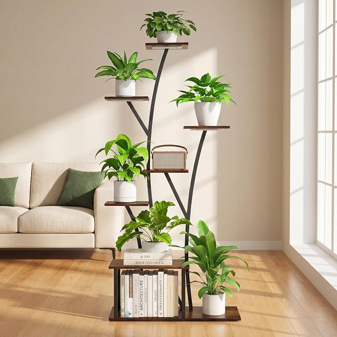 Quikraen 7 Tier Tall Plant Stand with Grow Light For Indoor Plants Growing 60in Indoor Flower Stand Tree-Shaped Plant Shelves for Living Room Patio Black