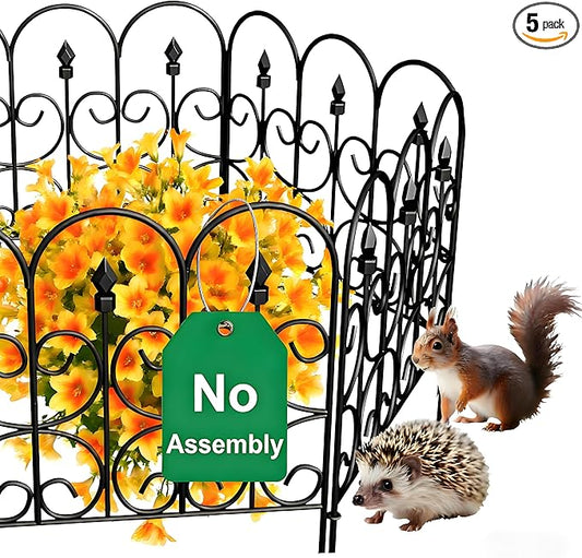 AMAGABELI GARDEN & HOME 5 Panels 24in(H)×10ft(L) Decorative Garden Fences and Borders for Dogs No Dig Metal Fence Panels Garden Edging Border Fence for Animal Barrier Fencing for Flower Beds Black
