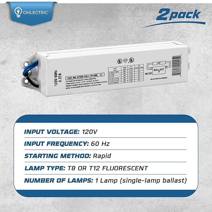 OHLECTRIC Replacement for Keystone KTEB-120-1-TP-EMI 1 Lamp T12 Electronic Fluorescent Ballast | 120V Input with Instant Start Operation | 0.90 Ballast Factor, UL-Approved
