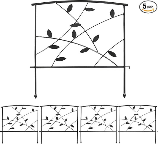 Sunnydaze Modern Leaves and Vines 10-Foot 5-Piece Steel Decorative Garden Fence Panels - 26" W x 32" H Per Panel - Black