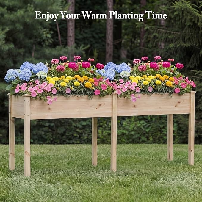 DUMOS Raised Garden Bed with Legs, 72x23x30 Inch Planter Box Outdoor with Liner for Herbs Flowers Vegetables, Elevated Wooden Garden Bed for Patio, Balcony and Backyard, Natural Wood