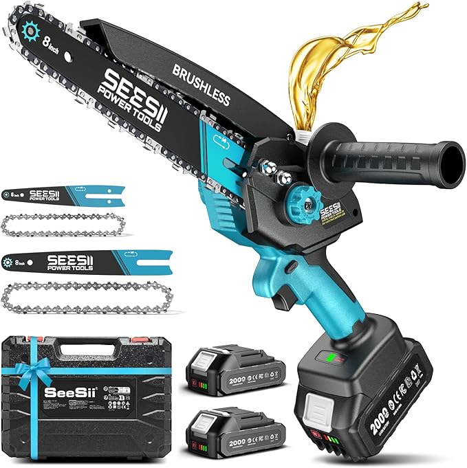 Seesii Mini Chainsaw Cordless, 8 Inch & 6 Inch Electric Chainsaw with 2 Batteries & Auto Oiler, 1000W Brushless Handheld Chain Saw for Tree Branch Wood Cutting, Garden Tools Gift for Men Dad Husband
