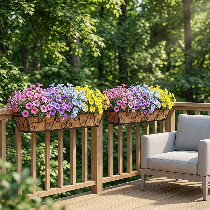 4PCS 30 Inch Railing Planter with Adjustable Brackets, Window Box with Coco Liner, Hanging Flower Box for Balcony Deck Fence, Metal, Black