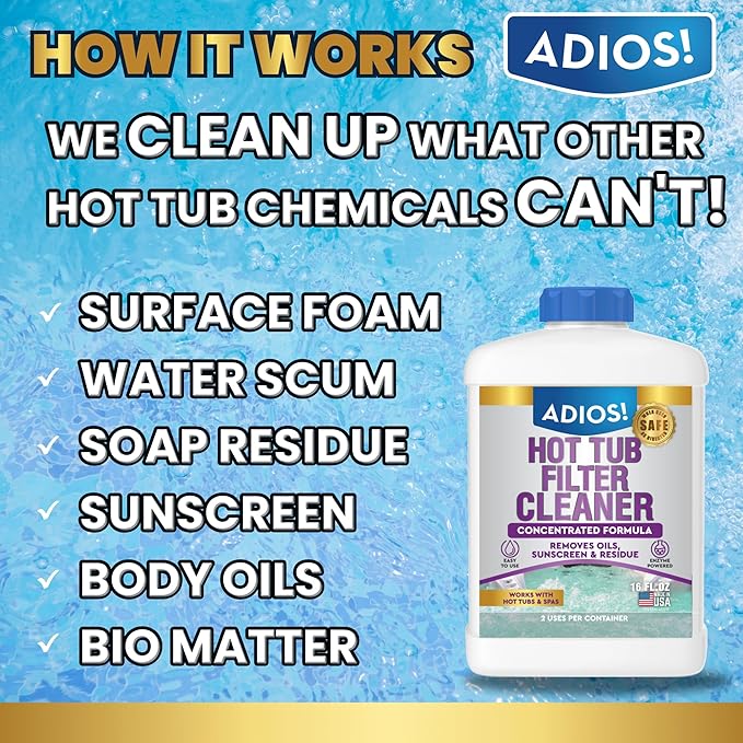 ADIOS! Hot Tub 4X Filter Cleaner for Spas – Deep Cleaning Soaking Solution Dissolves Grease and Grime, Unclogging and Restoring Water Flow - Parent (16oz)