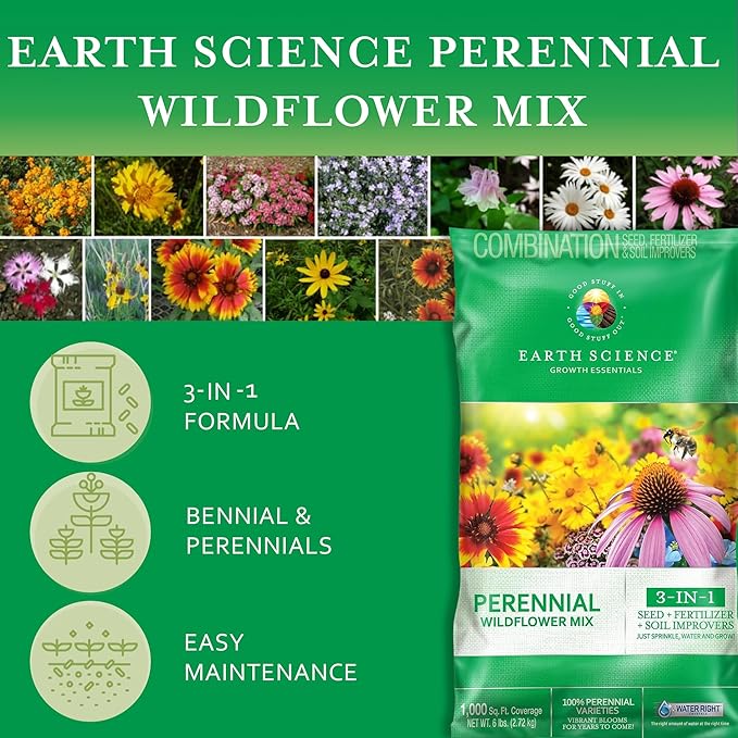 Earth Science Perennial Wildflower Mix—6 lb—3-in-1 Formula with Premium Wildflower Seeds, Plant Food and Soil Conditioners - Non-GMO, Natural Ingredients