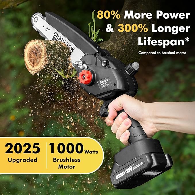 Mini Chainsaw Cordless 8 inch: Electric Chainsaw Battery Powered, Brushless Chain Saw with Auto Oiler, 2pcs Battery, Handheld Saw for Tree Branch Wood Cutting,Gardening Tools for Men Dad Husband