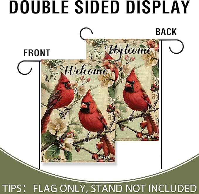 Artofy Welcome Cardinal Small Decorative Garden Flag, Vintage Red Birds Magnolia Flower Yard Lawn Outside Decor, Retro Spring Summer Floral Burlap Outdoor Home Decoration Double Sided 12 x 18