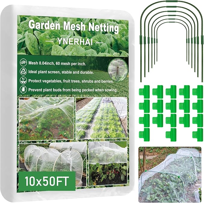 Garden Netting Kit - 10*50FT Ultra Fine Plant Netting Mesh Covers Row Net Protection For Tree Fruit Barrier Vegetable Fruits Flowers Shrubs Plant Covers (6 Pcs Garden Hoops & 18 Clips)