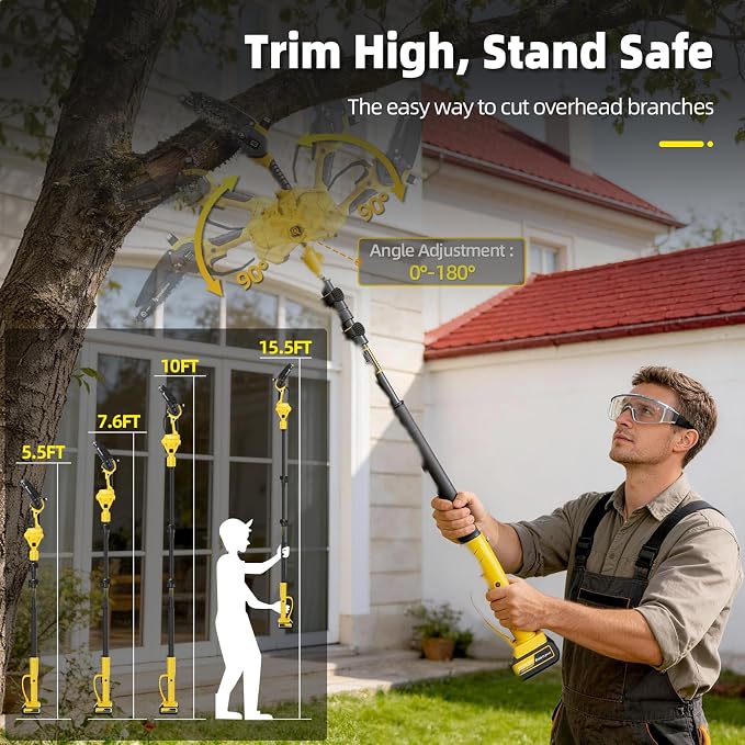 21V Cordless Pole Saw, 4-in-1 180° Rotatable Electric Tree Trimmer with 6/8 Inch Guide Bars,4000mAh Battery & Fast Charger, Telescopic Pole, Brushless Motor for Garden/Farm/Camping