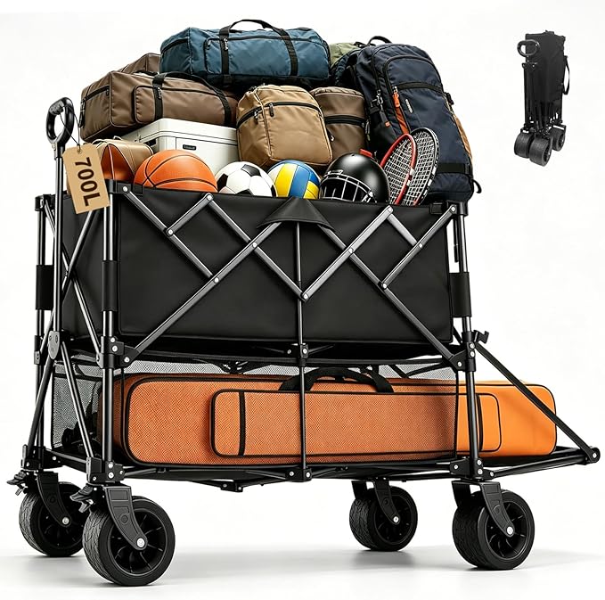700L Large Capacity Double Decker Wagon Collapsible Wagon with Tailgate 55'' Extra Long, Foldable 600lbs Heavy Duty Beach Cart with All-Terrain Big Wheels,Utility Carts, Sports,Outdoor,Shoping Cart