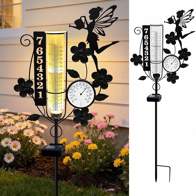YJFWAL Fairy Rain Gauge Outdoor, Decorative Metal Number Solar Rain Gauge with LED Light and Thermometer, Garden Decor for Yard, Lawn, Pathway, Farm