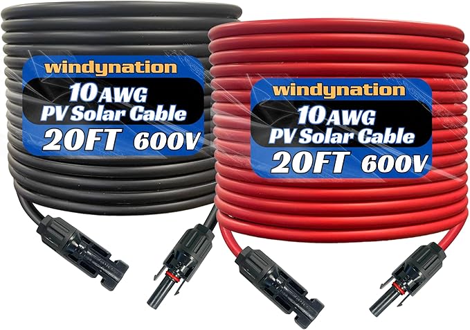 WindyNation 10 Gauge 10 AWG Pair 20 Feet Black + 20 Feet Red PV Photovoltaic Solar Panel Extension Cable Wire Solar Connectors