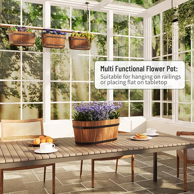 Hanging Wooden Flower Pots, Railing Planter for Any Balcony, Porch or Deck Countryside Style with Detachable Hooks for Garden Yard Home Decor (Brown)