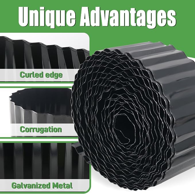 Quibbay Metal Corrugated Garden Edging, 4" x 50Ft Landscape Edging for DIY Flower Beds, Flexible Bender Border for Lawn, Garden and Yard, Sturdy Galvanized Garden Edging, Black