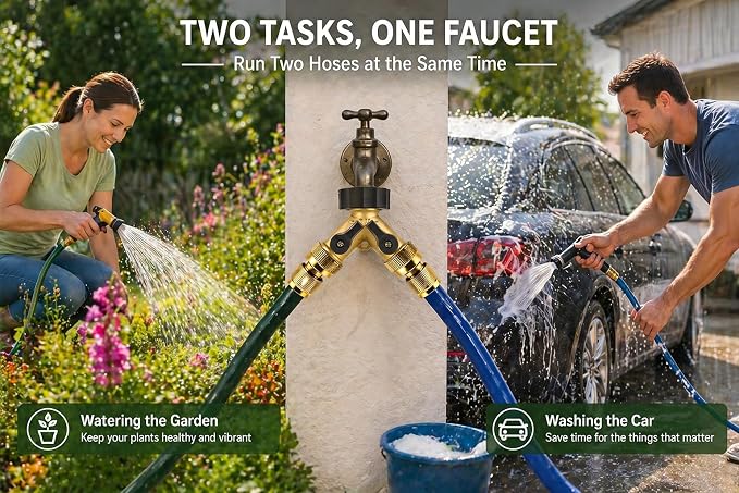 Dalmbox Garden Hose Splitter 2 Way, Y Connector Brass Garden Hose Adapter, Water Hose Splitter, Double Shut Off Valve, Includes 5 Rubber Washers & Teflon Tape(2 pack)