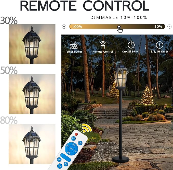 Emliviar Solar Pathway Light with Water Grain Glass Shade, 46 Inch Classic Post Lamp with Round Base in Black Finish, Portable Floor Lamp for Outdoor Travel, LED Bulb Included, YXE302PL-ML SL BK