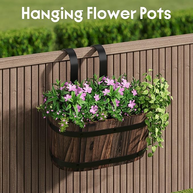 Hanging Wooden Flower Pots, Railing Planter for Any Balcony, Porch or Deck Countryside Style with Detachable Hooks for Garden Yard Home Decor (Carbonized)