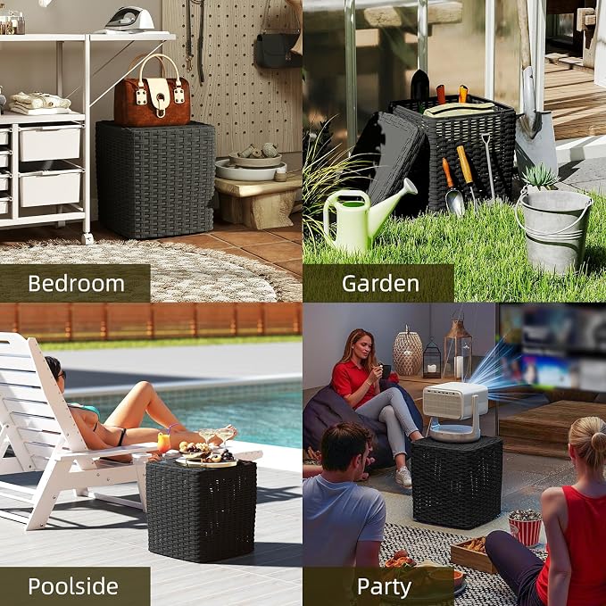 14 Gallon Outdoor Storage Box, Faux Rattan Deck Box with Removable Lid & Lockable Feature, All-Weather Waterproof Storage Bench for Poolside, Garden Tools Delivery Packages, Black