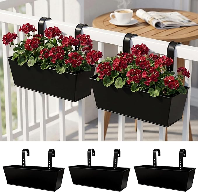 LaLaGreen Rail Planter (16 Inch, 3 Pack) Rectangular Metal Hanging Flower Iron Outdoor Deck Decoration Railing Fence Balcony Gardening for Apartment Patio Planters Modern Garden Style Porch Decor