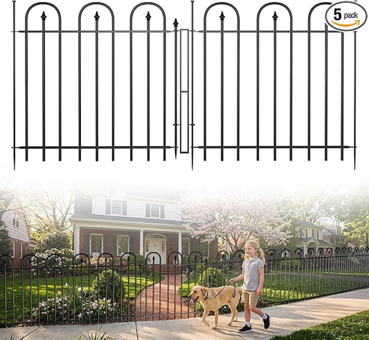 Garden Fence with Gate - 5 Panels, 32 in(H) x 12 ft(L) No Dig Animal Barrier, Arched Decorative Garden Fence Border with Ground Stakes, Rustproof Metal Fencing for Yard Patio Dog Rabbit