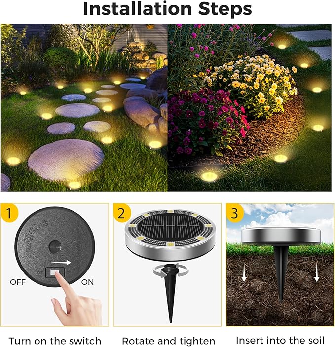 24 Pack Solar Ground Lights Outdoor, 8 LED Mini Flat Solar Disk Lights, IP65 Waterproof Anti-Rust Disc Light, Landscape Lighting for Garden Pathway Yard Walkway Driveway Lawn,Warm White